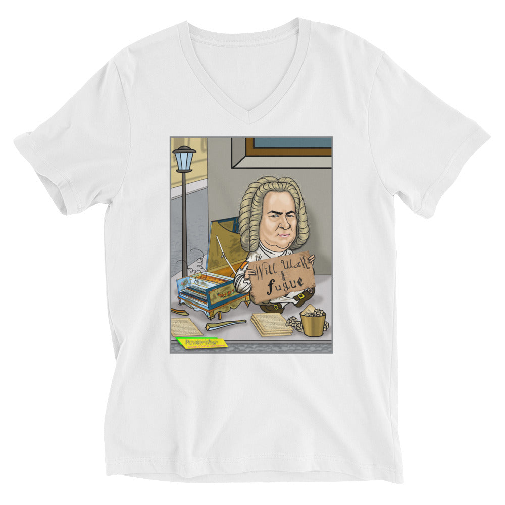 WILL WORK FOR FUGUE | Unisex Short Sleeve V-Neck T-Shirt