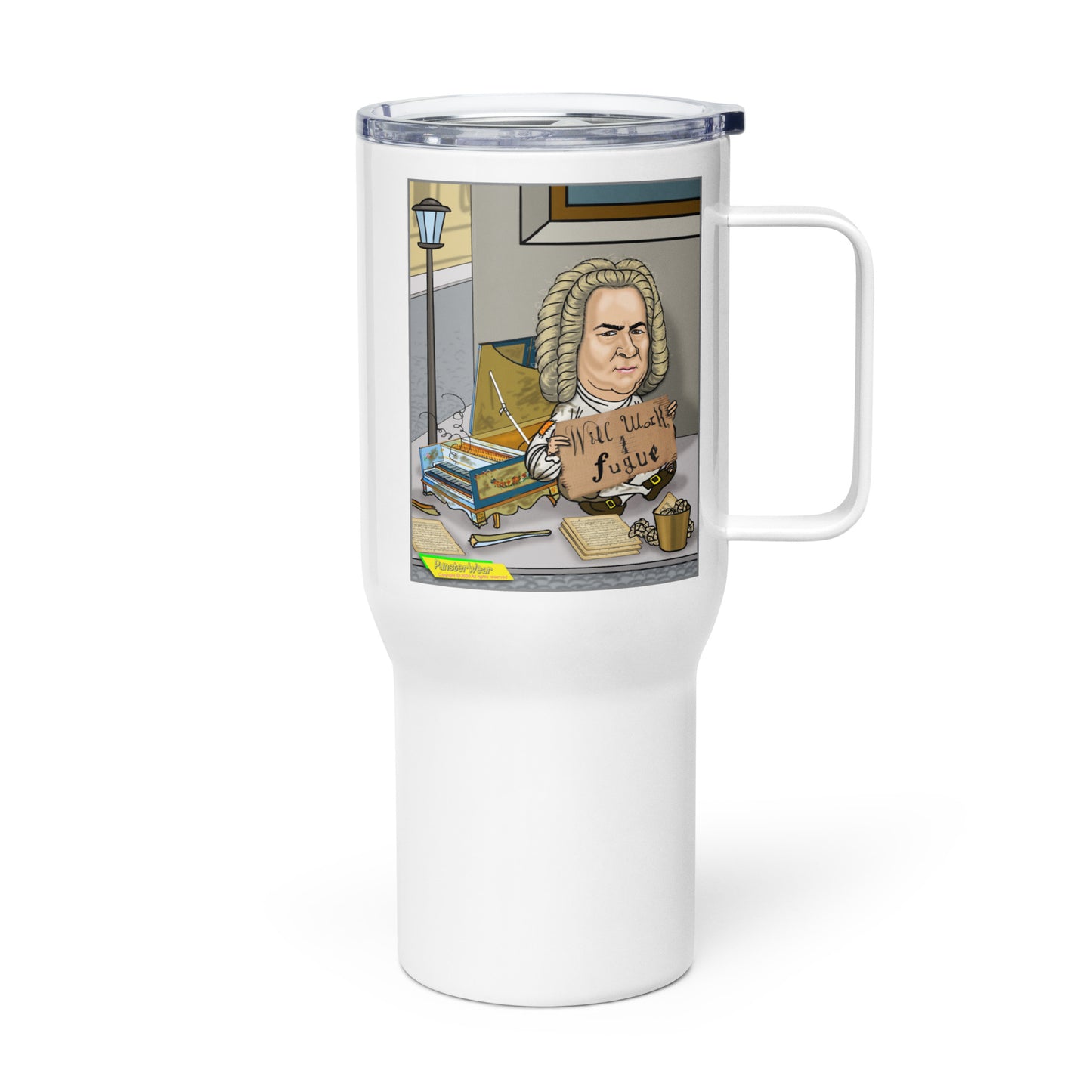 WILL WORK FOR FUGUE  |  Travel Mug with Handle, 25oz