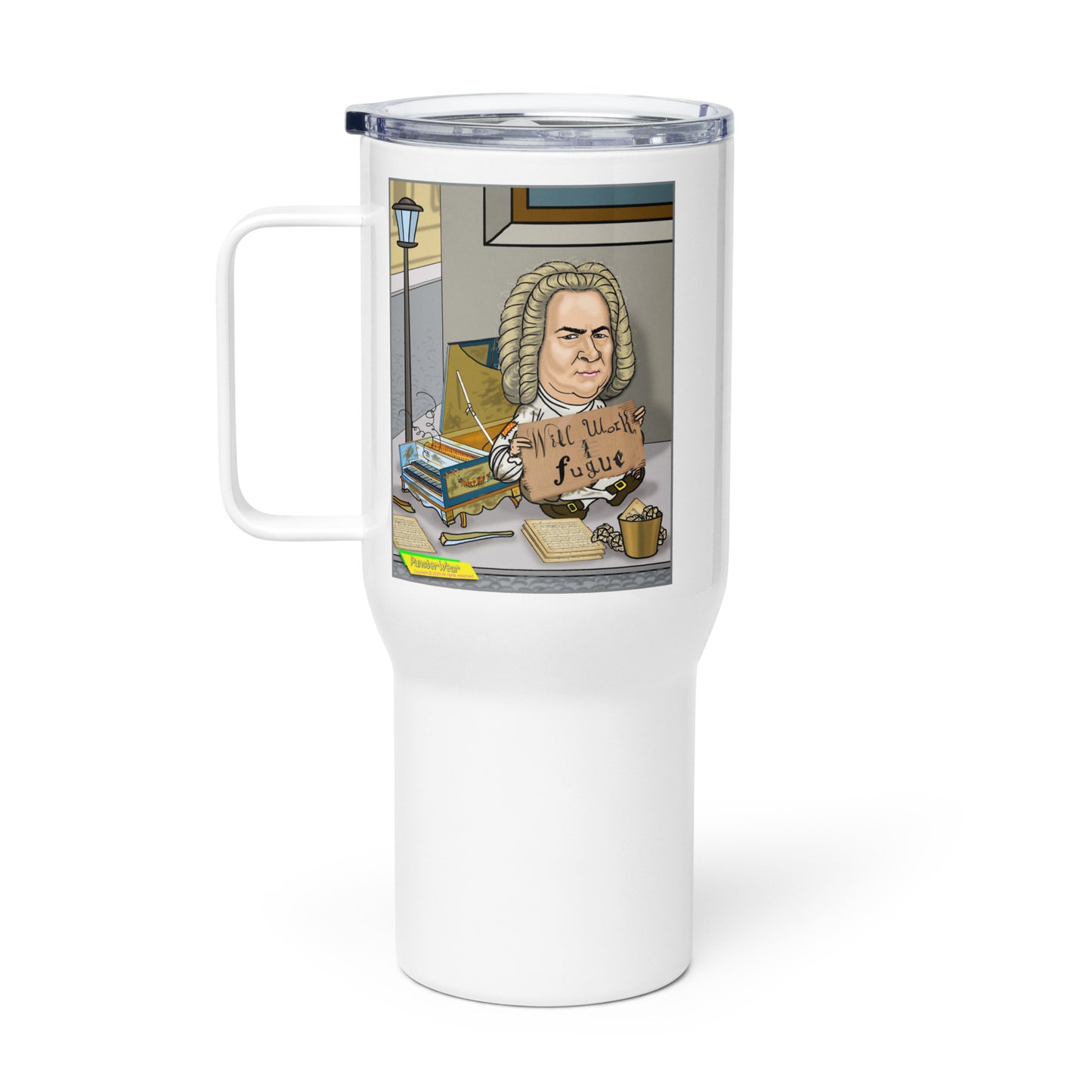 WILL WORK FOR FUGUE  |  Travel Mug with Handle, 25oz